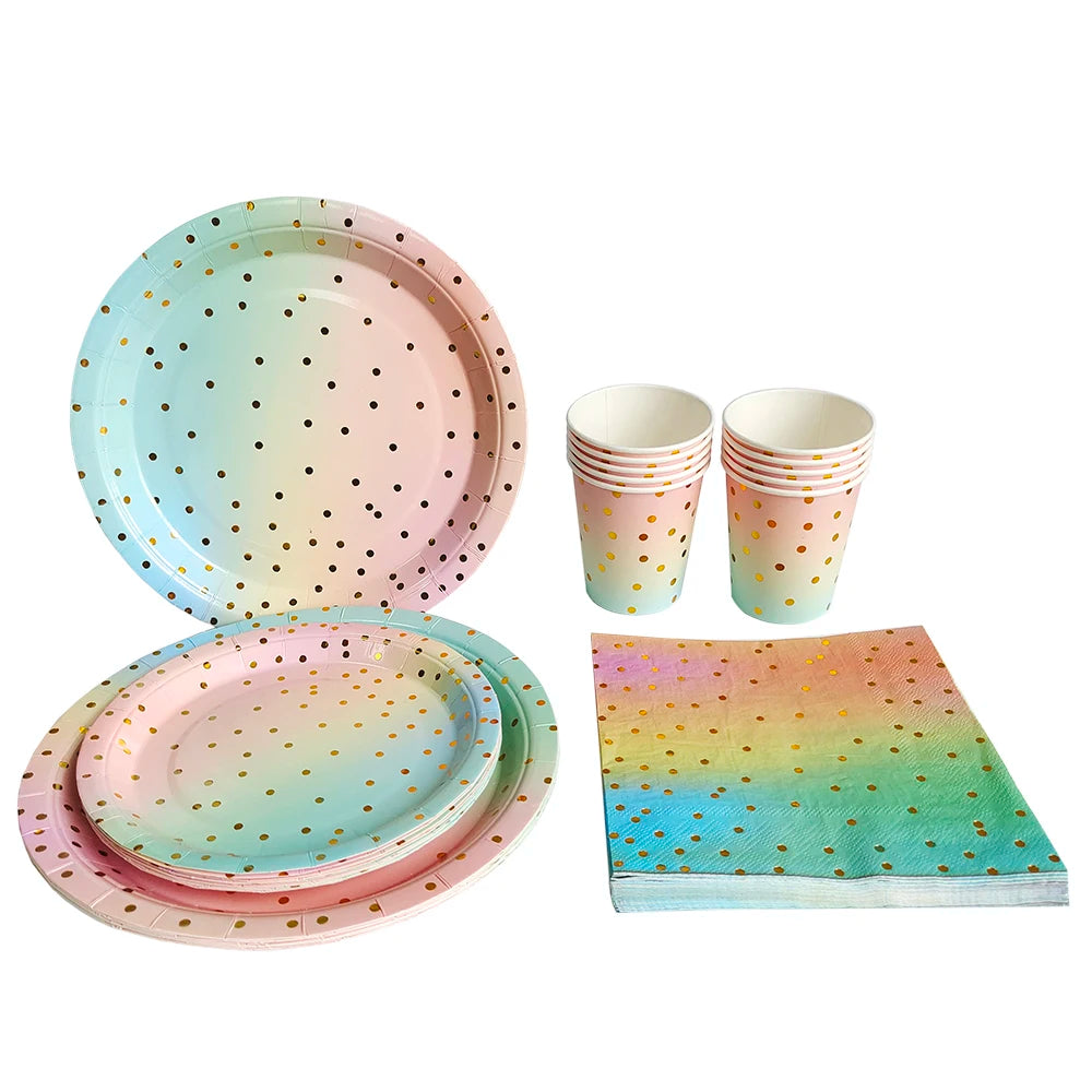 Rainbow Birthday Disposable Tableware Gold Dot