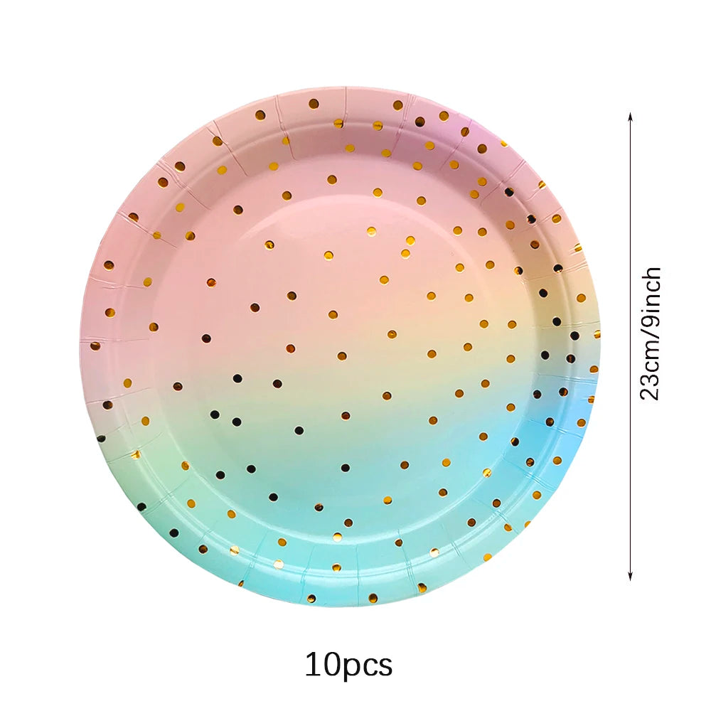 Rainbow Birthday Disposable Tableware Gold Dot