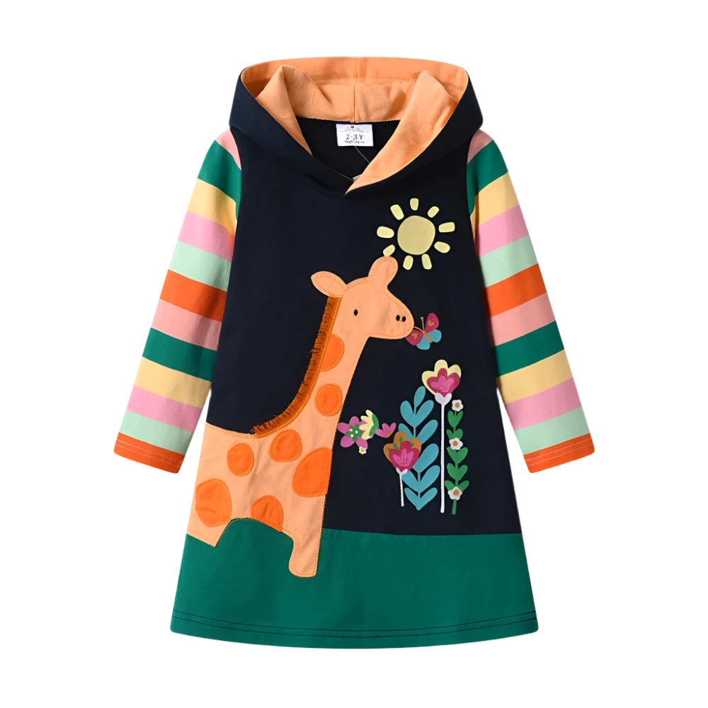 Hooded Giraffe and Rainbow Dress